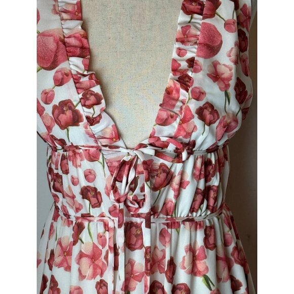Samantha Sipos Ivory‎ And Red Strawberry Floral Print Ruffle Midi Dress Size S - Picture 9 of 13
